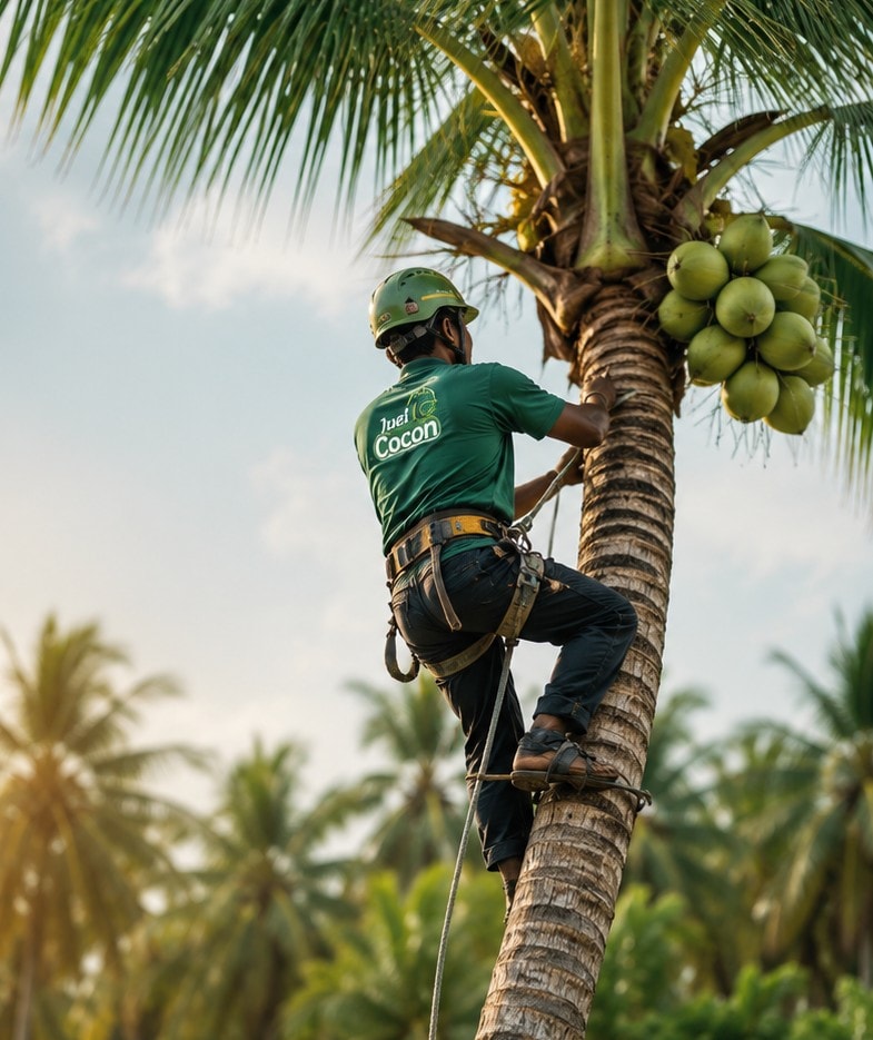 A trained Just Cocon harvester climbing a coconut palm with safety gear in warm morning light